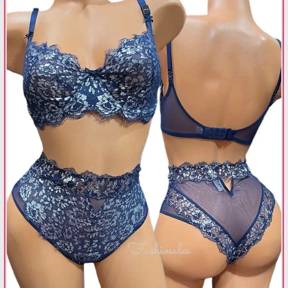 Victoria’s Secret Set Dream Angels Foil Lace push up Bra & cheeky panty blue
